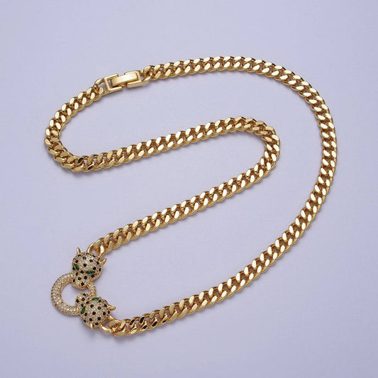 Green Eyed Jaguar Panther 18 Inch Curb Chain Necklace in Gold